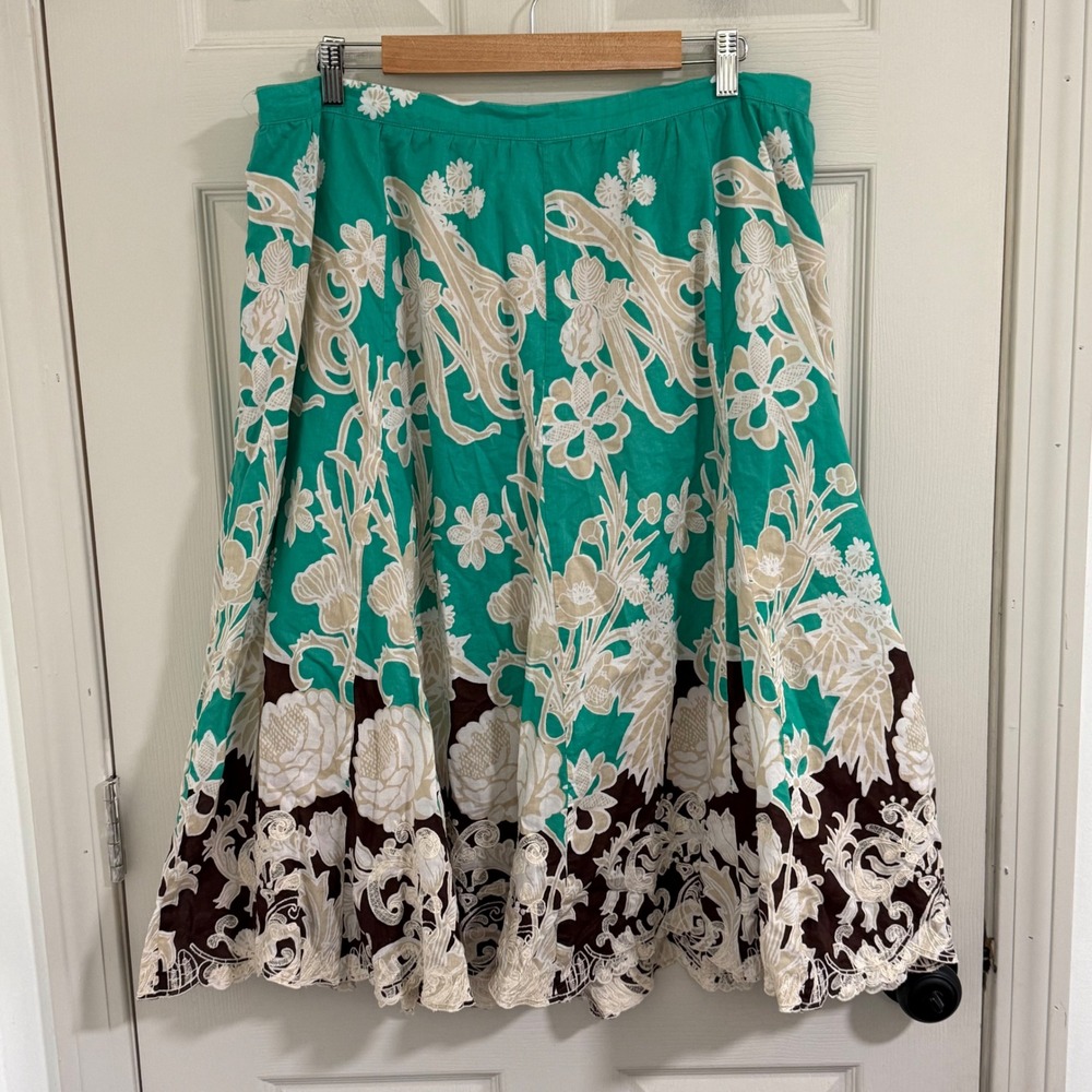 Coldwater Creek Midi Skirt Womens XL Green Brown Floral Boho Cottage Shabby Chic